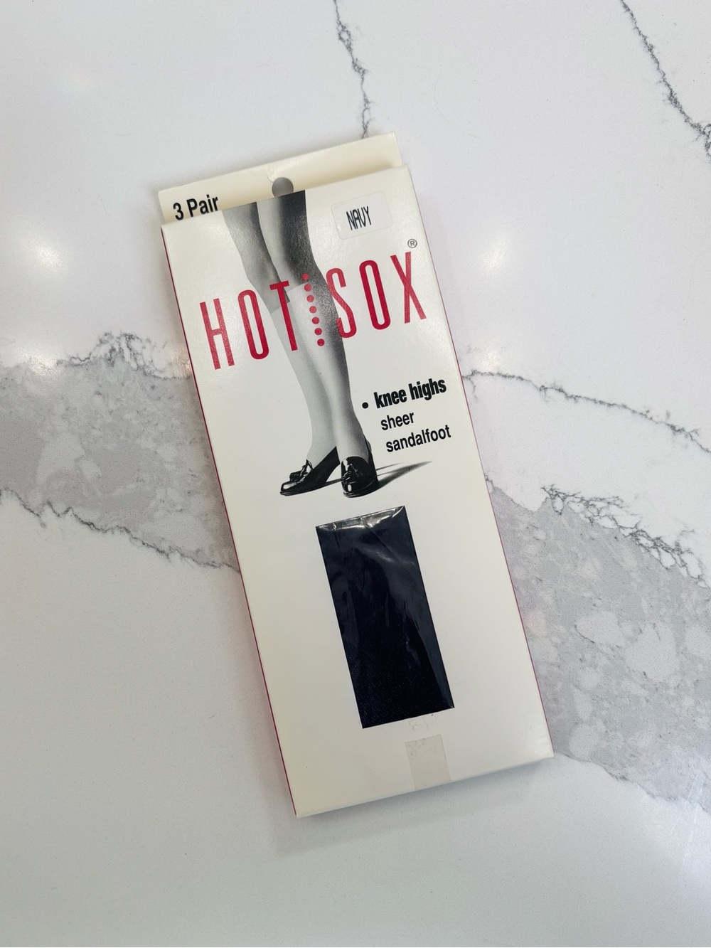 NWT Vintage Hot Sox 3-Pack Navy Sheer Sandalfoot Nylon Knee Highs, Size 8.5-11
